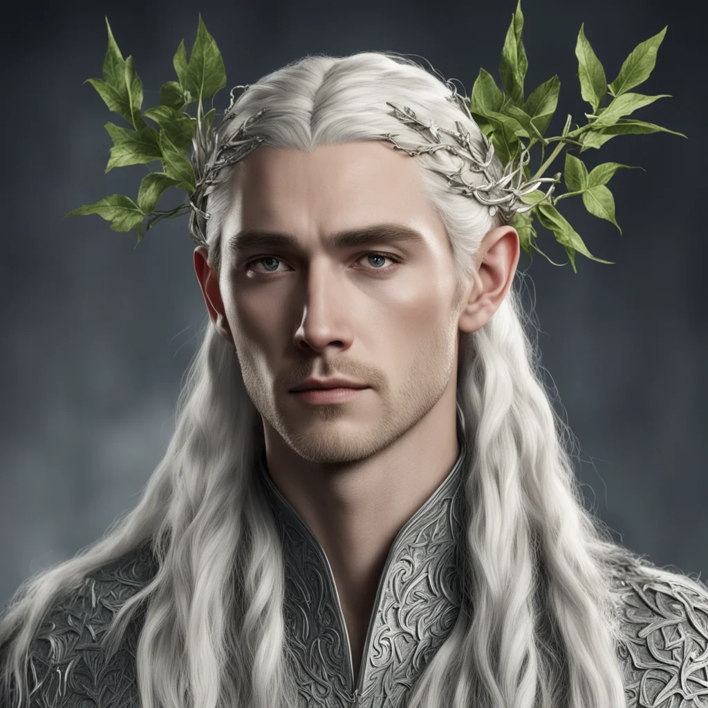 aiking thranduil with blond hair and braids wearing silver vines and silver ivy leaves with diamonds in the hair