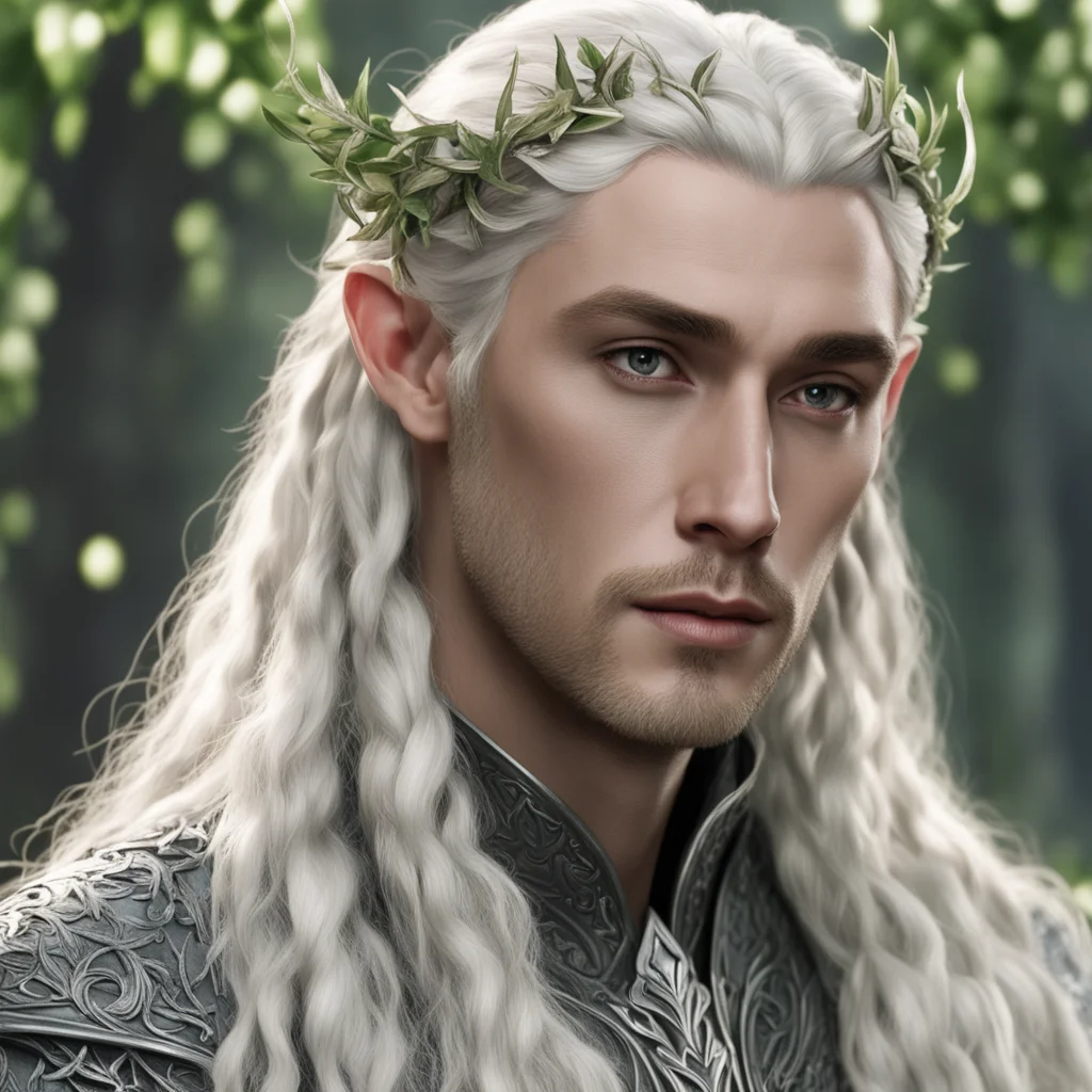 king thranduil with blond hair and braids wearing silver vines and small silver ivy leaves with diamonds on the leaves in the hair amazing awesome portrait 2