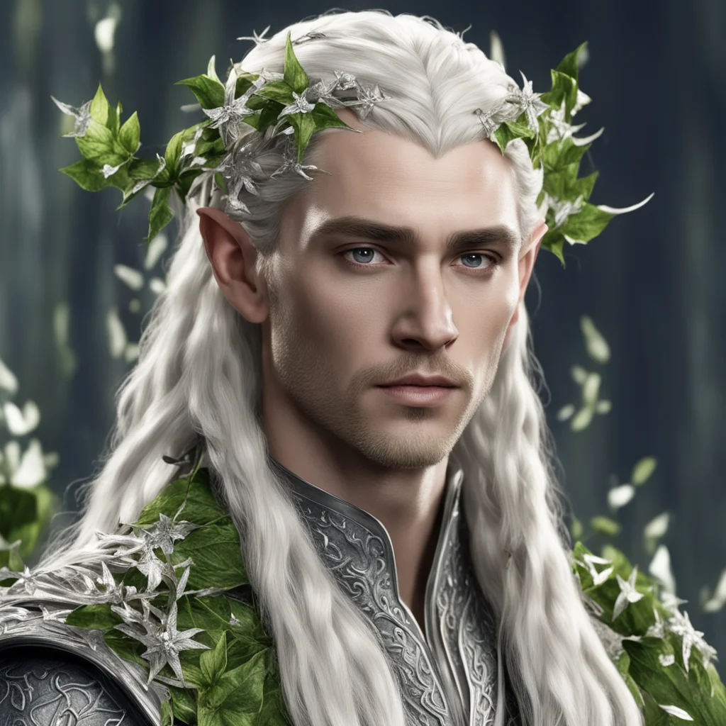 aiking thranduil with blond hair and braids wearing silver vines and small silver ivy leaves with diamonds on the leaves in the hair confident engaging wow artstation art 3