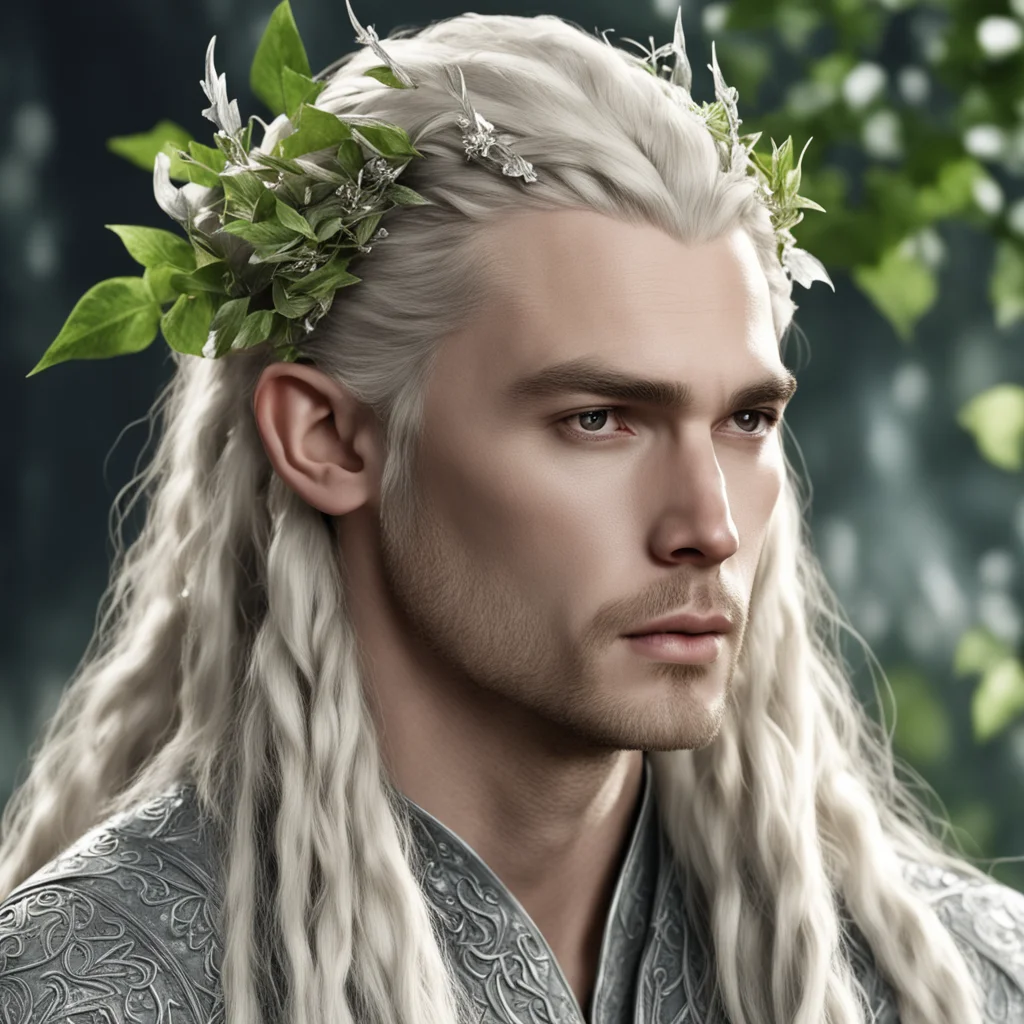 aiking thranduil with blond hair and braids wearing silver vines and small silver ivy leaves with diamonds on the leaves in the hair good looking trending fantastic 1