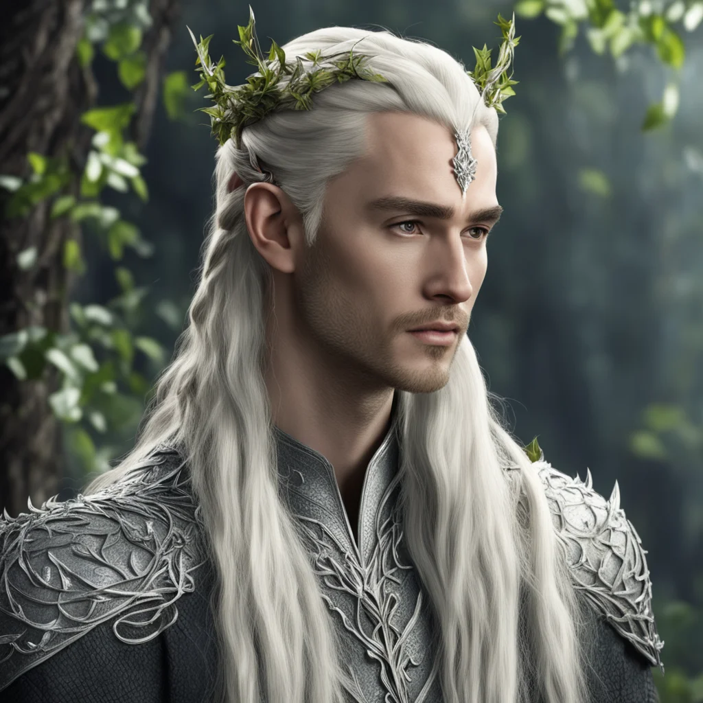 aiking thranduil with blond hair and braids wearing silver vines and small silver ivy leaves with diamonds on the leaves in the hair