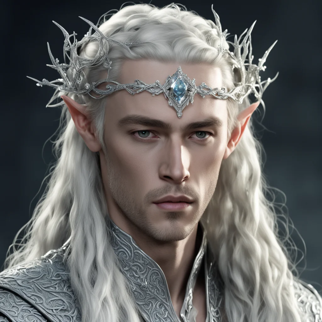 king thranduil with blond hair and braids wearing silver vines encrusted with diamonds and clusters of diamonds forming a silver serpentine elvish circlet with large center diamond good looking tren