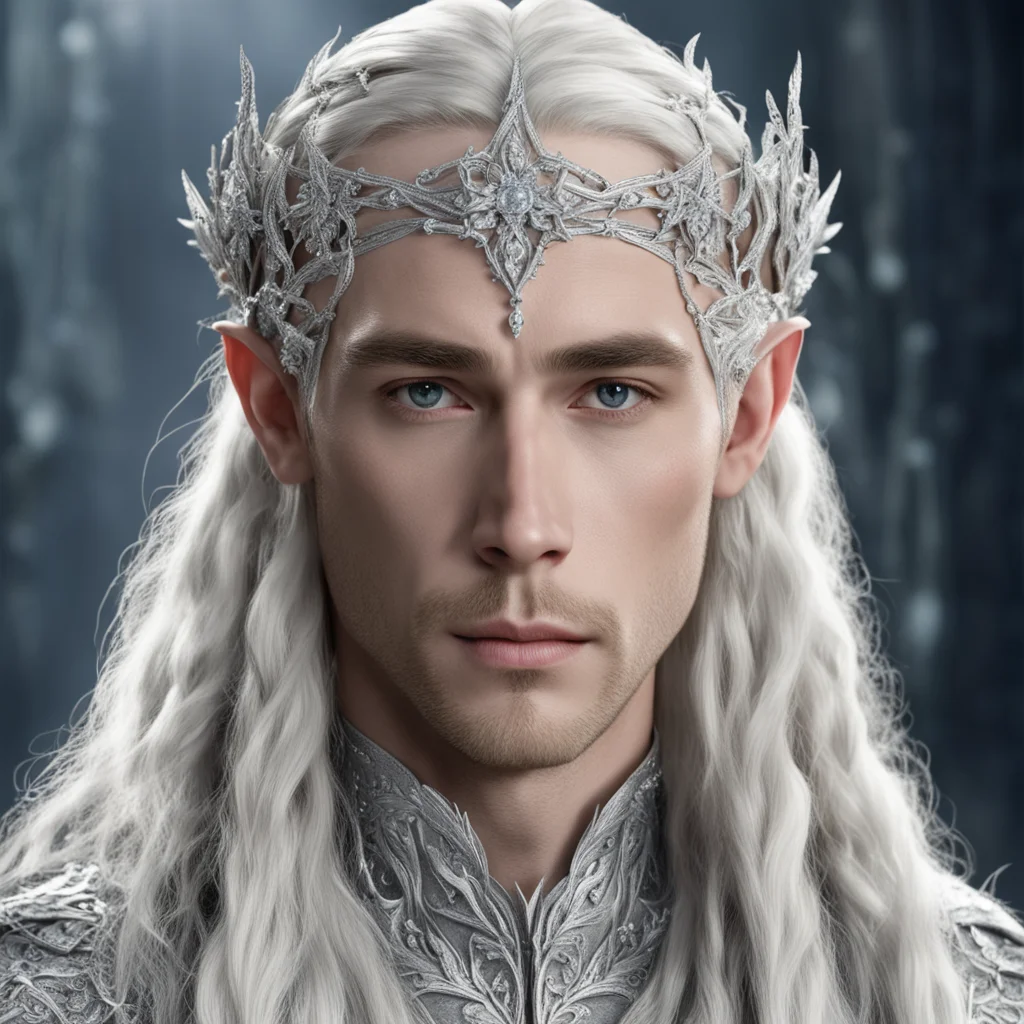 king thranduil with blond hair and braids wearing silver vines encrusted with diamonds and silver flowers encrusted with diamonds to form a fancy silver elvish circlet with large center diamond conf