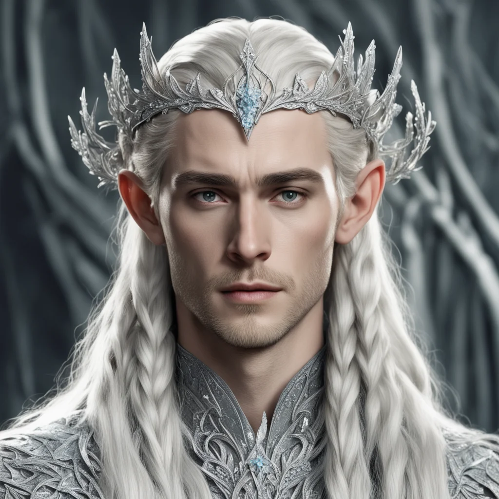 aiking thranduil with blond hair and braids wearing silver vines encrusted with diamonds and silver flowers encrusted with diamonds to form a fancy silver elvish circlet with large center diamond