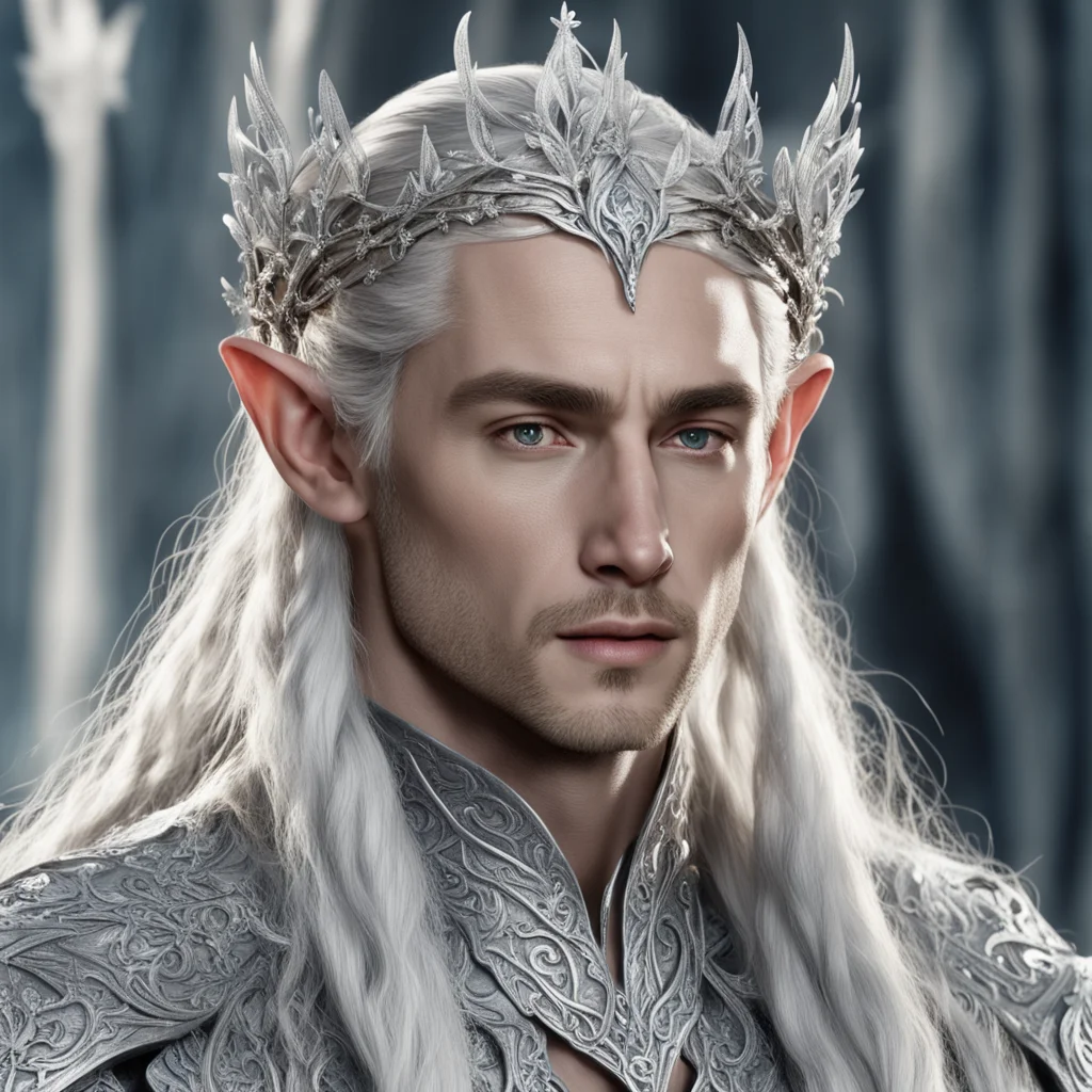 king thranduil with blond hair and braids wearing silver vines encrusted with diamonds and silver flowers encrusted with diamonds to form a flashy silver elvish circlet with large center diamond ama