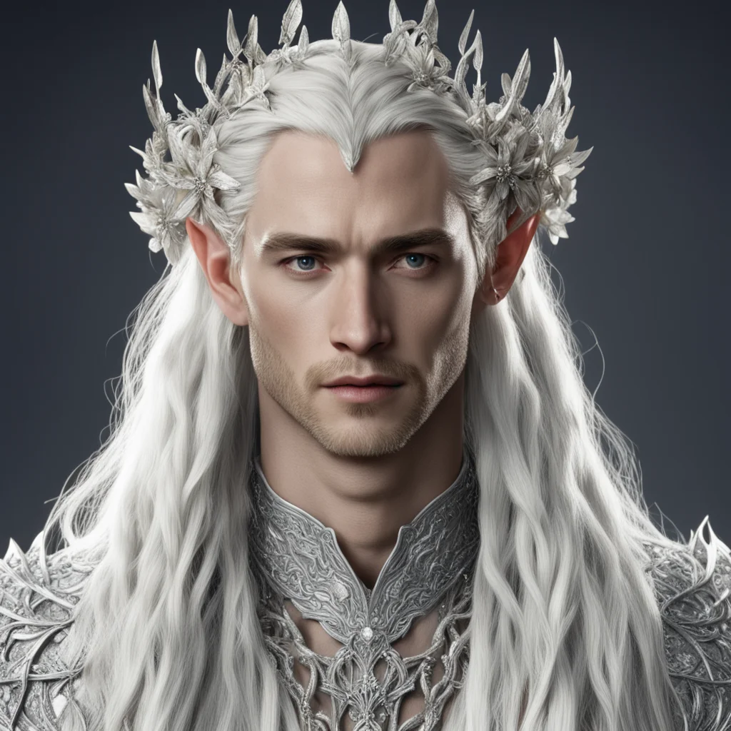 king thranduil with blond hair and braids wearing silver vines encrusted with diamonds and silver flowers encrusted with diamonds to form a flossy silver elvish circlet with large center diamond ama