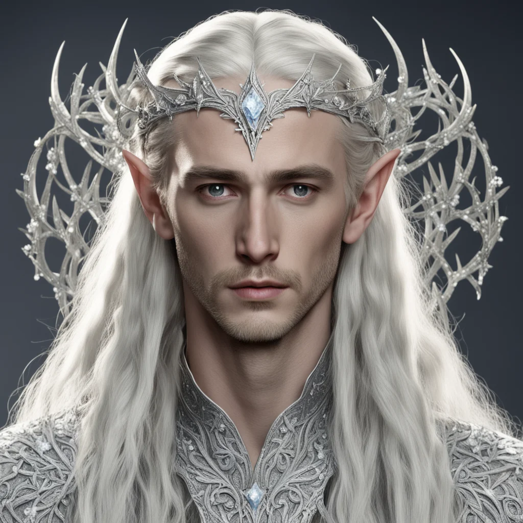 king thranduil with blond hair and braids wearing silver vines encrusted with diamonds and silver flowers encrusted with diamonds to form a silver elvish circlet with large center diamond  amazing a
