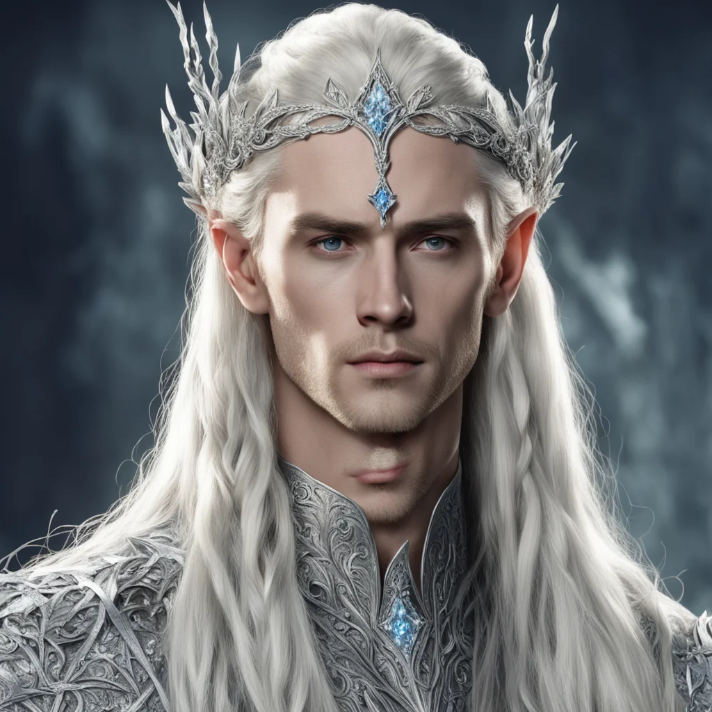 aiking thranduil with blond hair and braids wearing silver vines encrusted with diamonds and silver flowers encrusted with diamonds to form a silver elvish circlet with large center diamond 