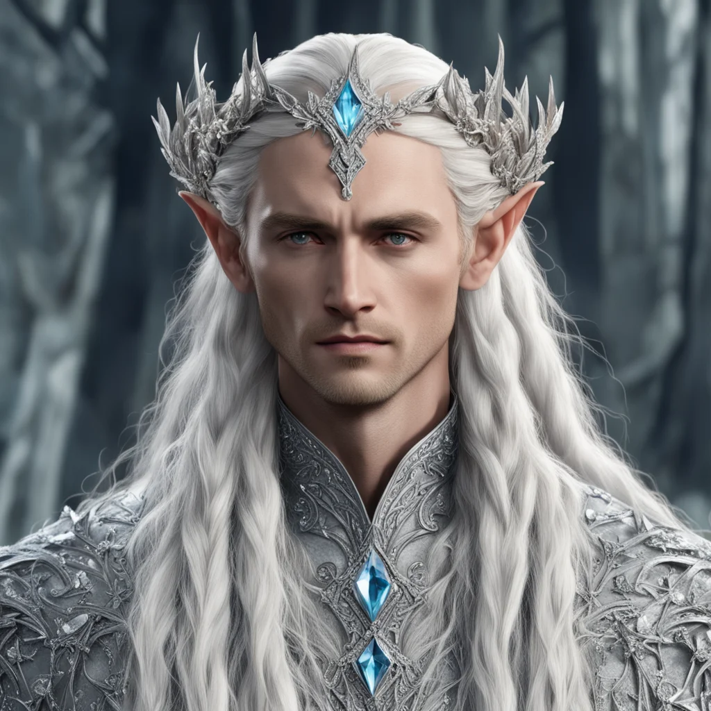 king thranduil with blond hair and braids wearing silver vines encrusted with diamonds and silver flowers encrusted with diamonds to form a silver elvish circlet with large center diamond amazing aw