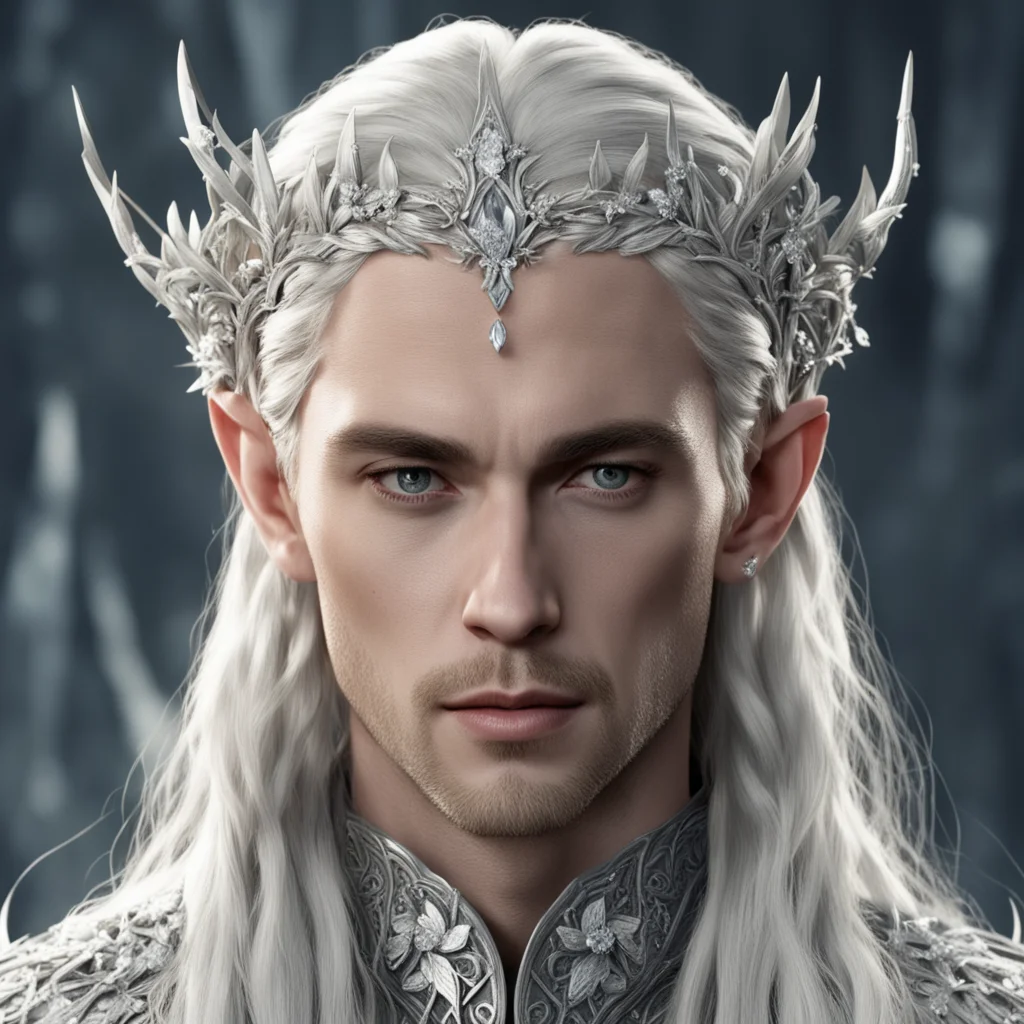 king thranduil with blond hair and braids wearing silver vines encrusted with diamonds and silver flowers encrusted with diamonds to form a silver elvish circlet with large center diamond good looki