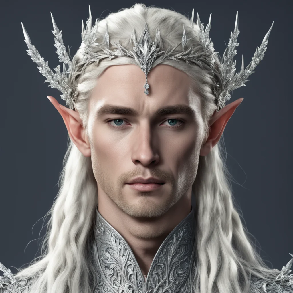 king thranduil with blond hair and braids wearing silver vines encrusted with diamonds and silver flowers encrusted with diamonds to form a silver elvish circlet with large center diamond