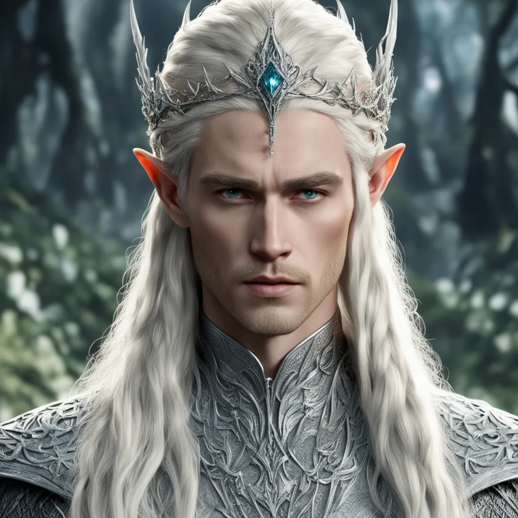 king thranduil with blond hair and braids wearing silver vines encrusted with diamonds forming a silver elvish circlet with large center diamond  amazing awesome portrait 2