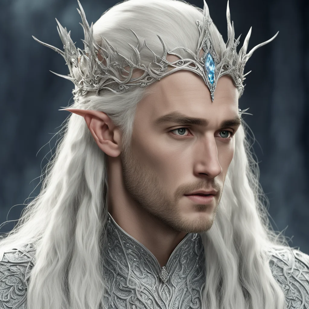 aiking thranduil with blond hair and braids wearing silver vines encrusted with diamonds forming a silver elvish circlet with large center diamond  confident engaging wow artstation art 3