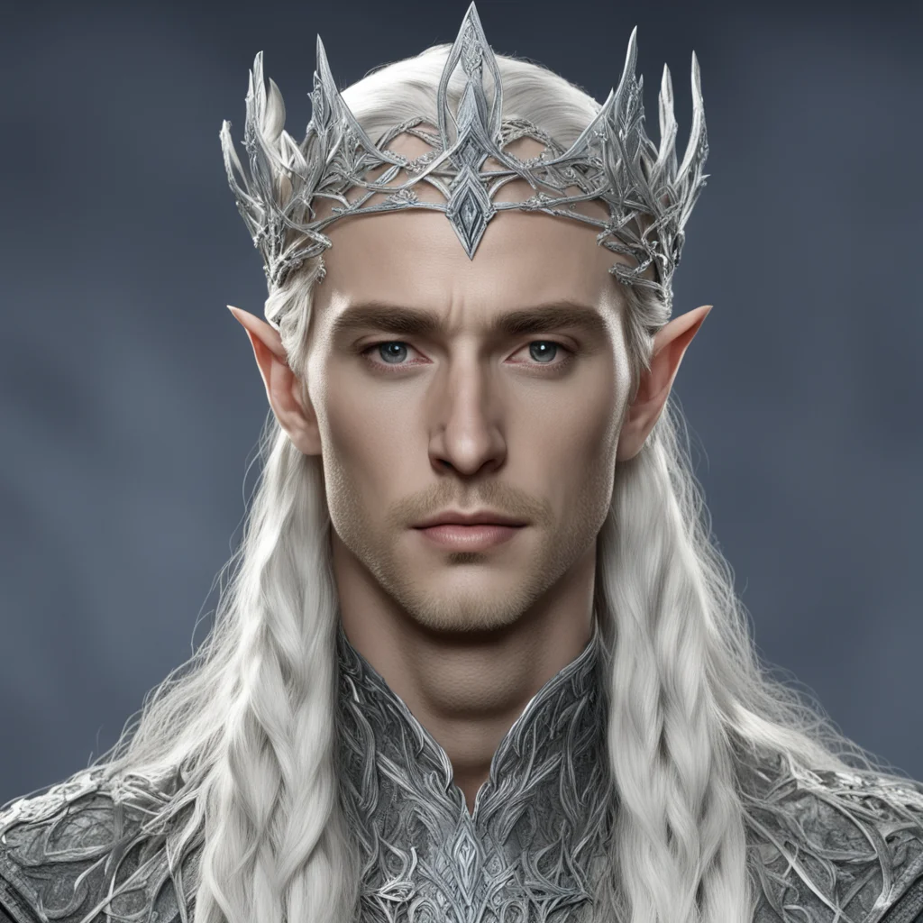 king thranduil with blond hair and braids wearing silver vines encrusted with diamonds forming a silver elvish circlet with large center diamond  good looking trending fantastic 1