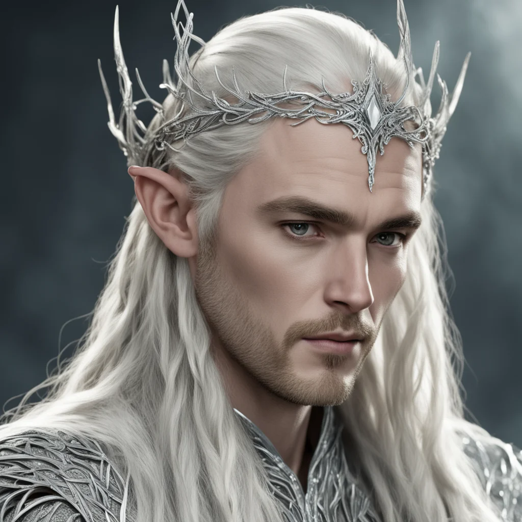 aiking thranduil with blond hair and braids wearing silver vines encrusted with diamonds forming a silver elvish circlet with large center diamond 