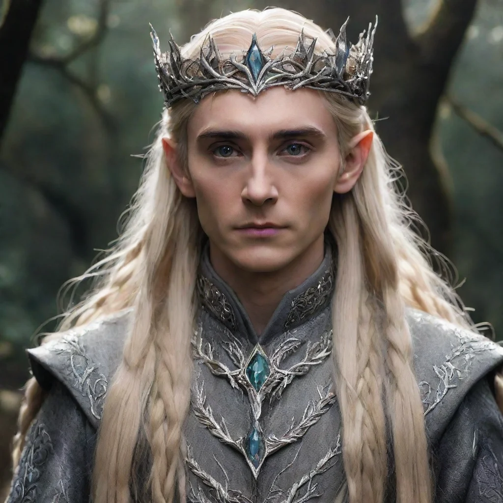 aiking thranduil with blond hair and braids wearing silver vines encrusted with diamonds forming a silver wood elvish crown with large center diamond