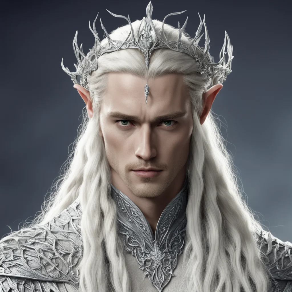 aiking thranduil with blond hair and braids wearing silver vines encrusted with diamonds intertwined to form a silver elvish circlet with large center diamond  amazing awesome portrait 2