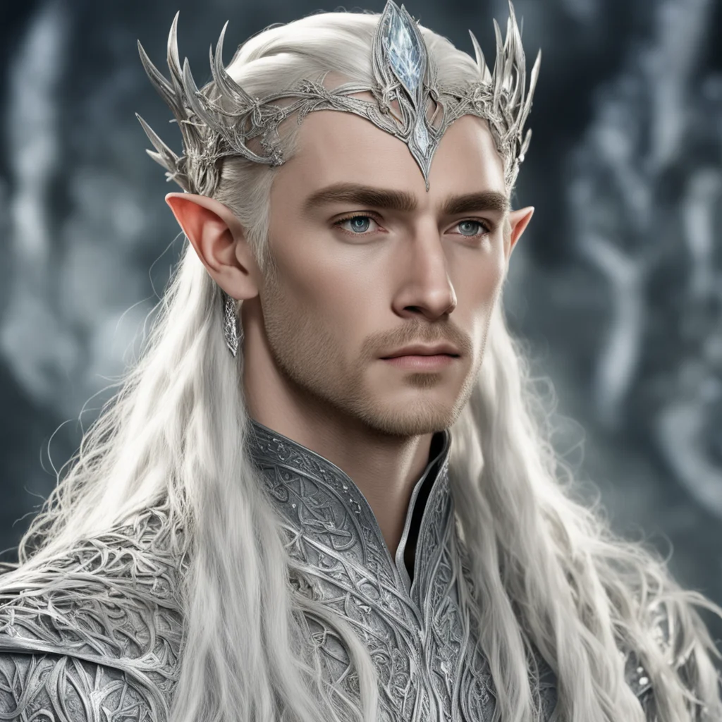 aiking thranduil with blond hair and braids wearing silver vines encrusted with diamonds intertwined to form a silver elvish circlet with large center diamond  good looking trending fantastic 1