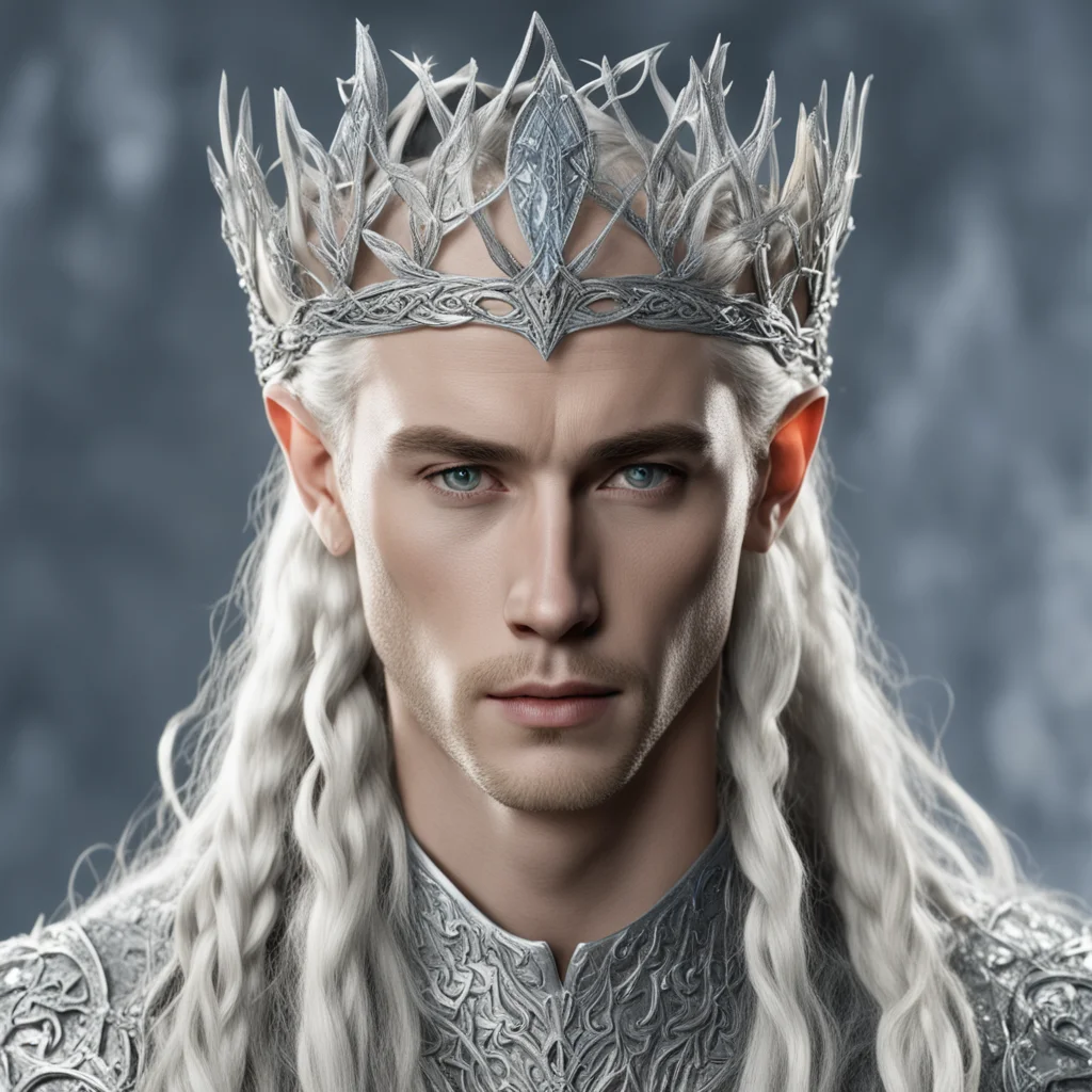 aiking thranduil with blond hair and braids wearing silver vines encrusted with diamonds intertwined to form a silver elvish circlet with large center diamond amazing awesome portrait 2