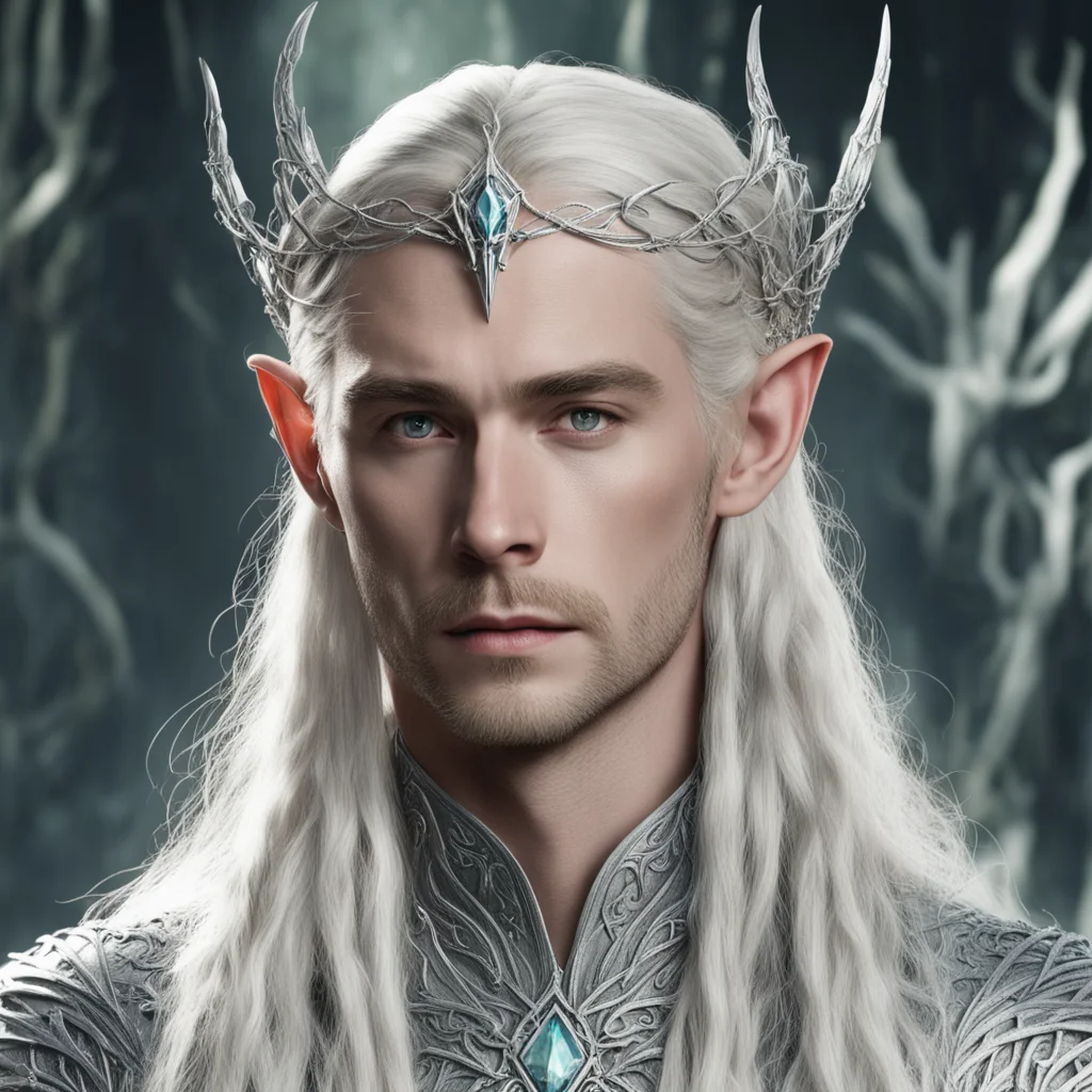 aiking thranduil with blond hair and braids wearing silver vines encrusted with diamonds intertwined to form a silver elvish circlet with large center diamond good looking trending fantastic 1