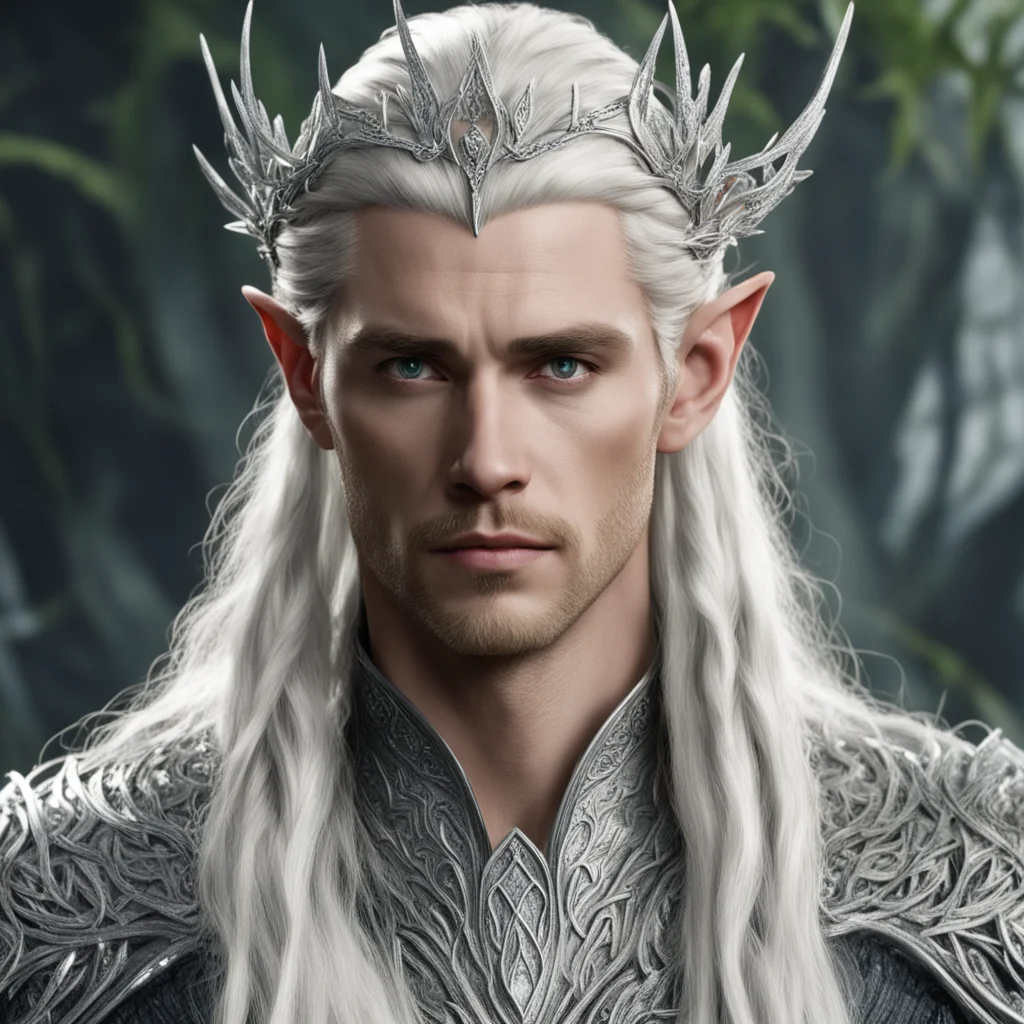 aiking thranduil with blond hair and braids wearing silver vines encrusted with diamonds intertwined to form a silver elvish circlet with large center diamond