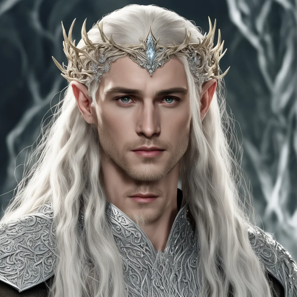 aiking thranduil with blond hair and braids wearing silver vines encrusted with diamonds with clusters of diamonds to form silver elvish circlet with center diamond  amazing awesome portrait 2