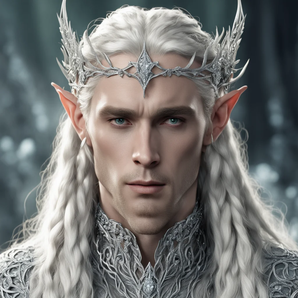 king thranduil with blond hair and braids wearing silver vines encrusted with diamonds with clusters of diamonds to form silver elvish circlet with center diamond  confident engaging wow artstation 