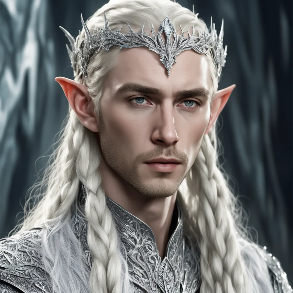 aiking thranduil with blond hair and braids wearing silver vines encrusted with diamonds with clusters of diamonds to form silver elvish circlet with center diamond 