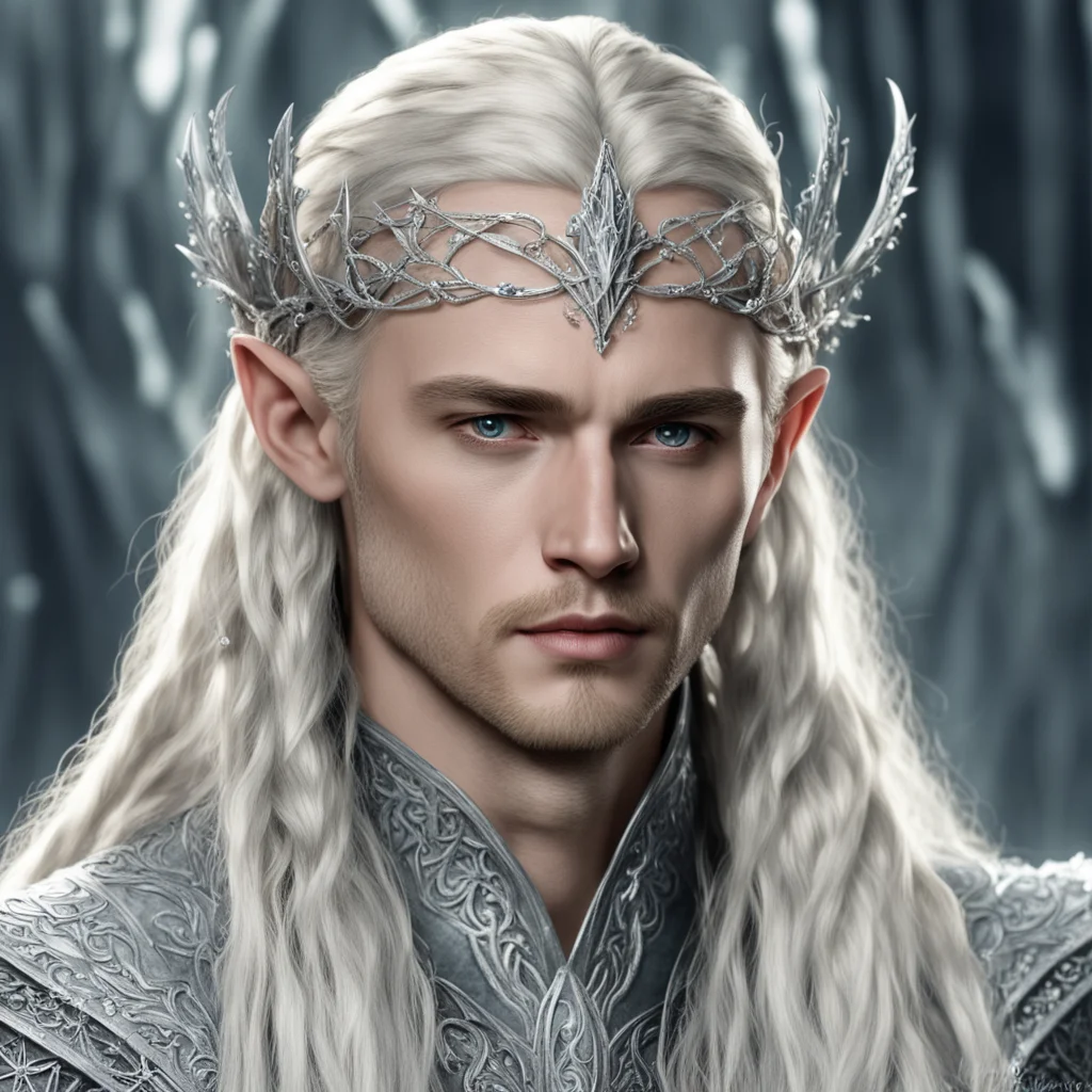 king thranduil with blond hair and braids wearing silver vines encrusted with diamonds with clusters of diamonds to form silver elvish circlet with center diamond amazing awesome portrait 2