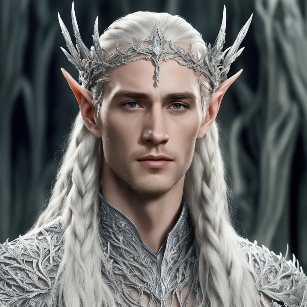 king thranduil with blond hair and braids wearing silver vines encrusted with diamonds with clusters of diamonds to form silver elvish circlet with center diamond confident engaging wow artstation a