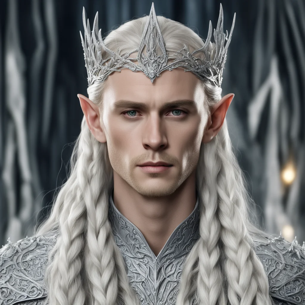 king thranduil with blond hair and braids wearing silver vines encrusted with diamonds with clusters of diamonds to form silver elvish circlet with center diamond good looking trending fantastic 1.w