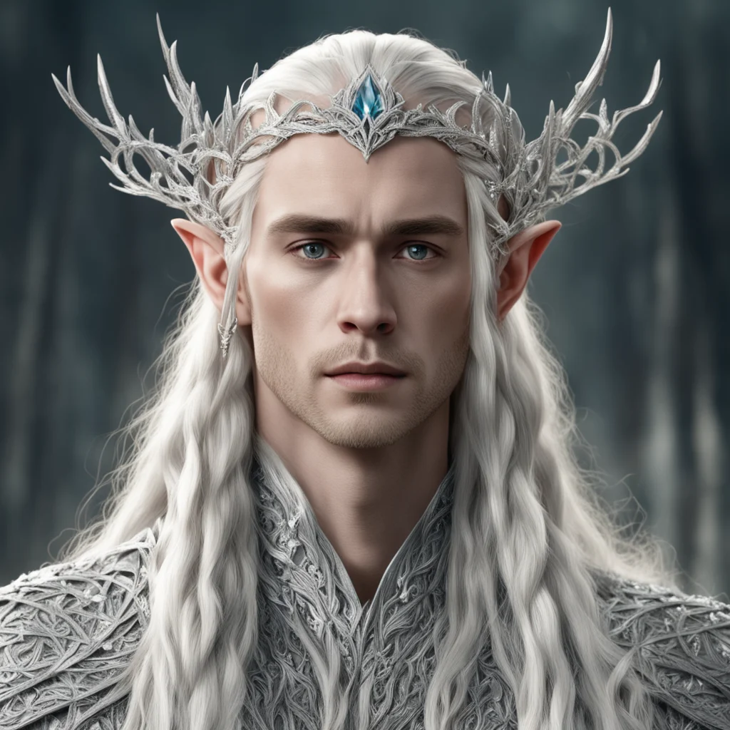aiking thranduil with blond hair and braids wearing silver vines encrusted with diamonds with clusters of diamonds to form silver elvish circlet with center diamond