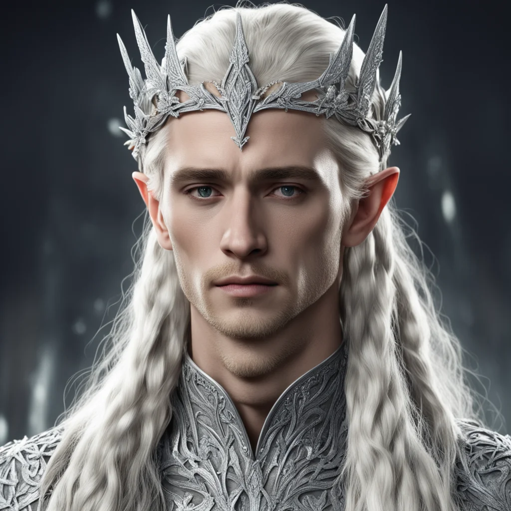 king thranduil with blond hair and braids wearing silver vines encrusted with diamonds with silver flowers encrusted with diamonds forming a fancy silver elvish circlet with large center diamond goo