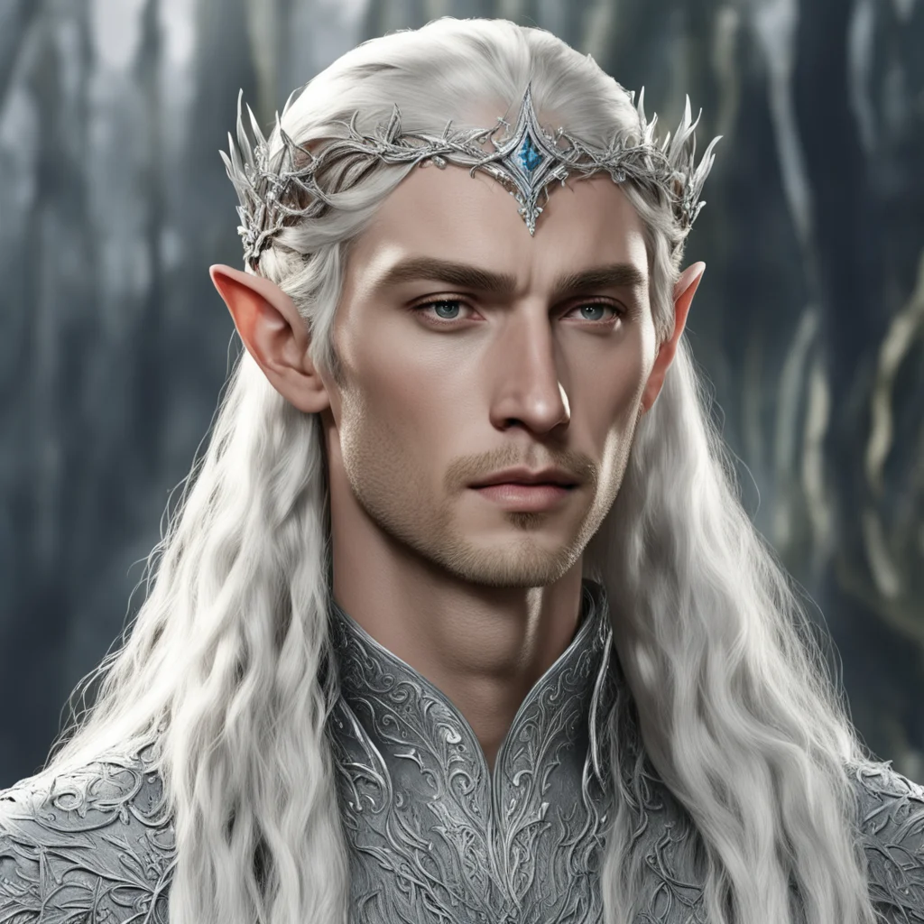 king thranduil with blond hair and braids wearing silver vines encrusted with diamonds with silver flowers encrusted with diamonds forming a silver elvish circlet with large center diamond good look