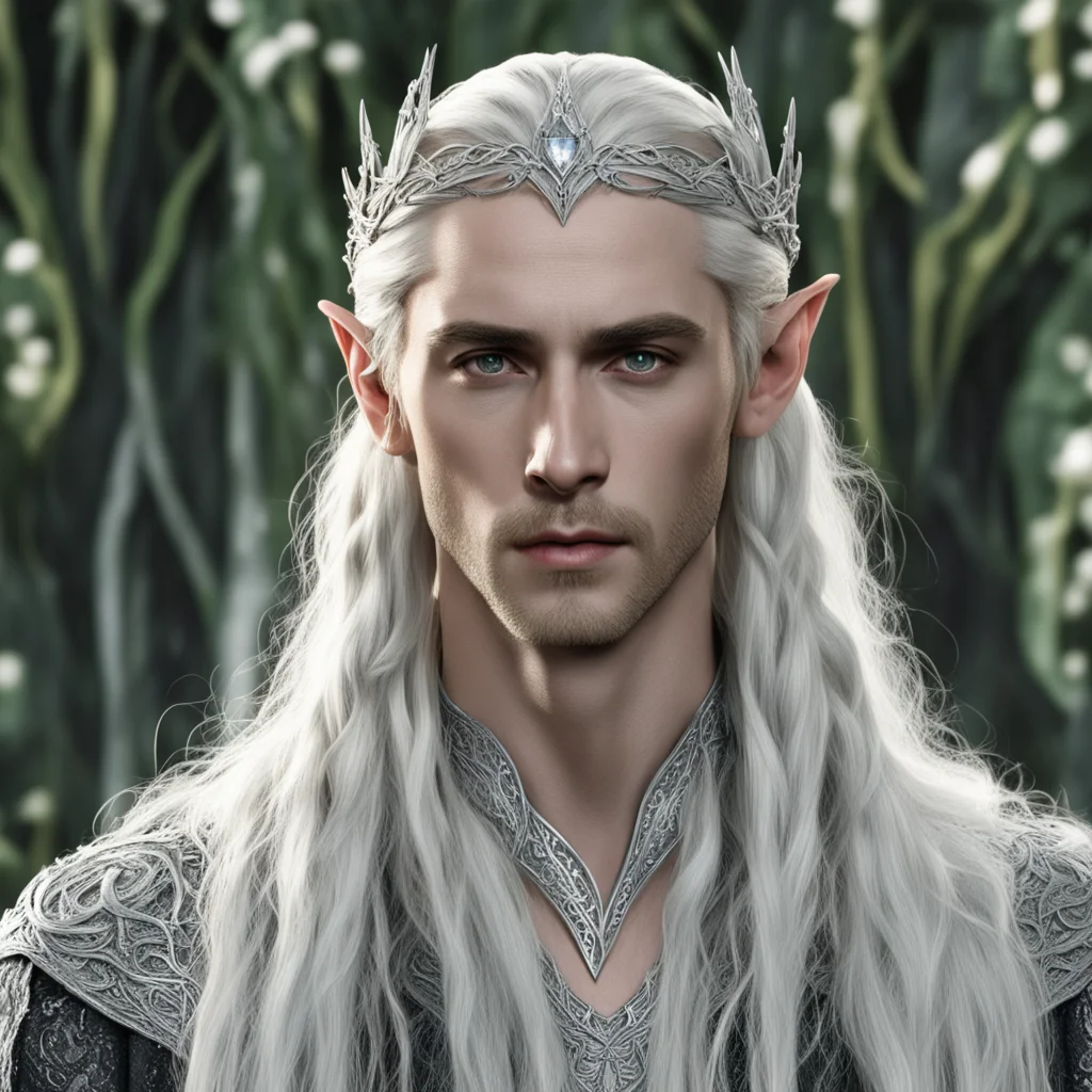 aiking thranduil with blond hair and braids wearing silver vines intertwined silver elvish circlet encrusted with diamonds with large diamond at the center  amazing awesome portrait 2
