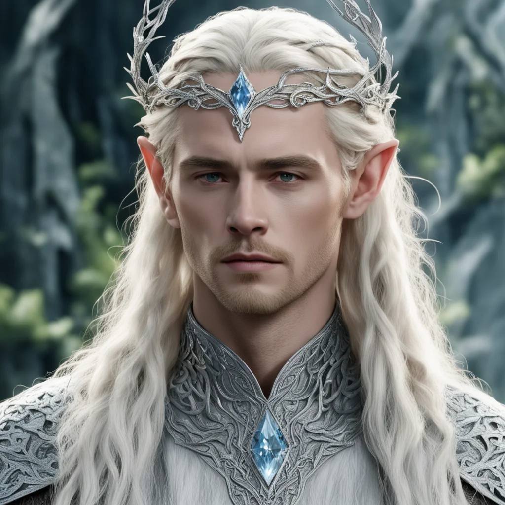 aiking thranduil with blond hair and braids wearing silver vines intertwined silver elvish circlet encrusted with diamonds with large diamond at the center  good looking trending fantastic 1