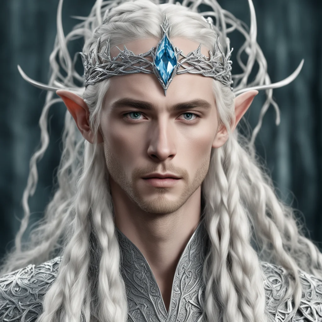 aiking thranduil with blond hair and braids wearing silver vines intertwined silver elvish circlet encrusted with diamonds with large diamond at the center 