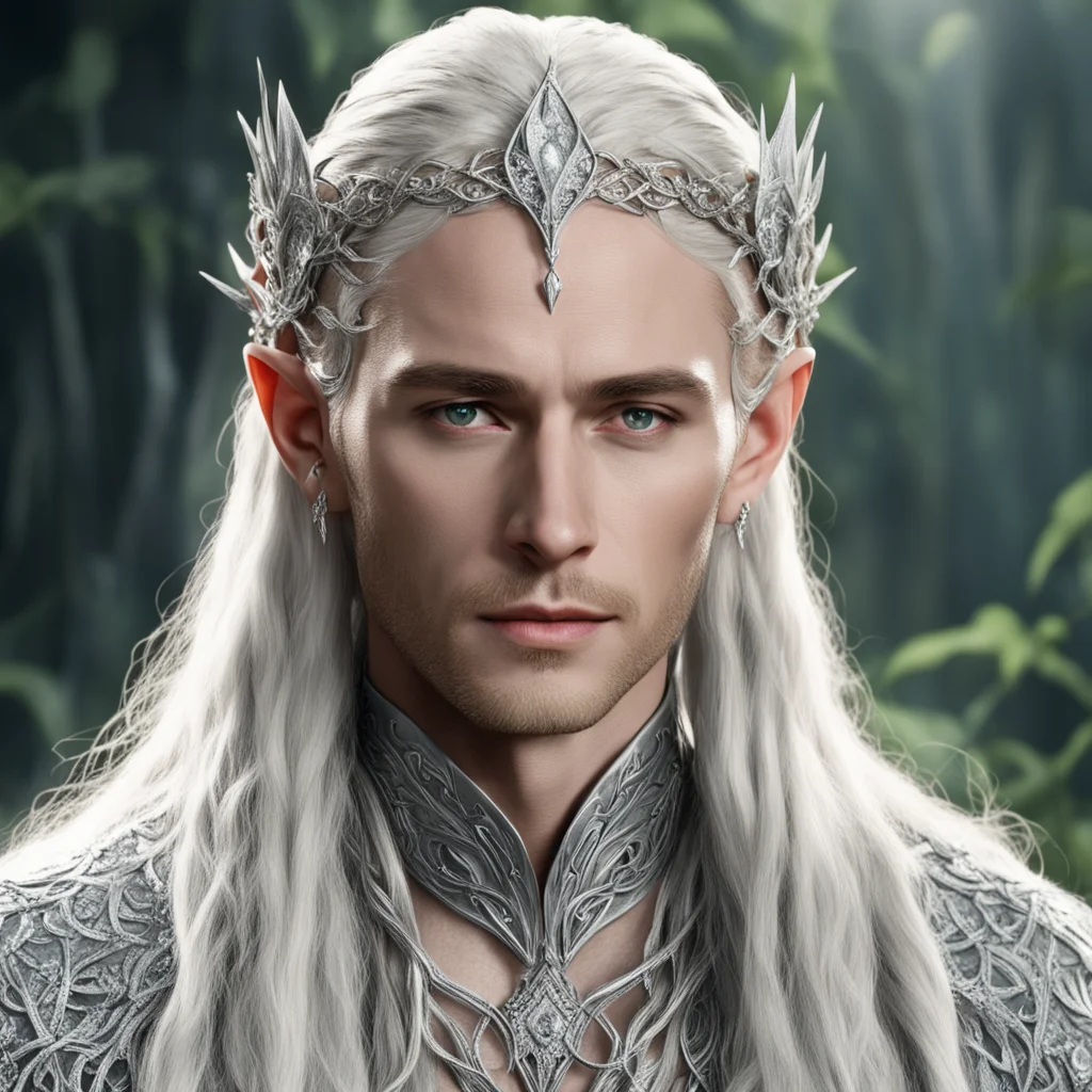 king thranduil with blond hair and braids wearing silver vines intertwined together to form elvish silver circlet encrusted with large diamonds with large center diamond  amazing awesome portrait 2.