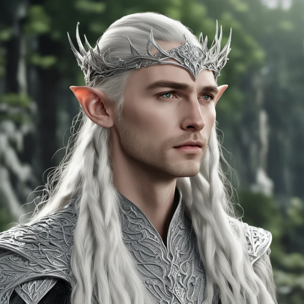 aiking thranduil with blond hair and braids wearing silver vines intertwined together to form elvish silver circlet encrusted with large diamonds with large center diamond 