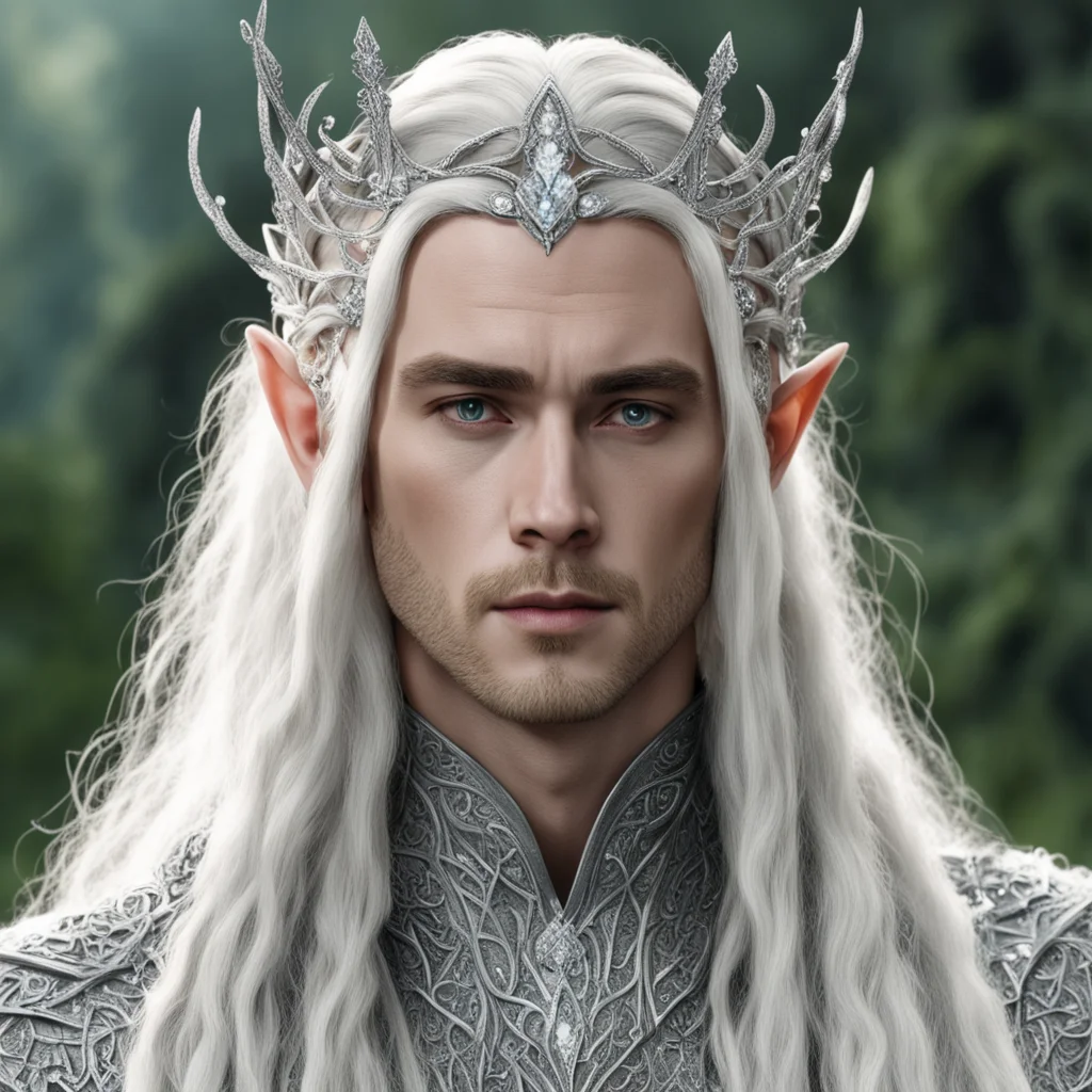 king thranduil with blond hair and braids wearing silver vines intertwined together to form elvish silver circlet encrusted with large diamonds with large center diamond confident engaging wow artst