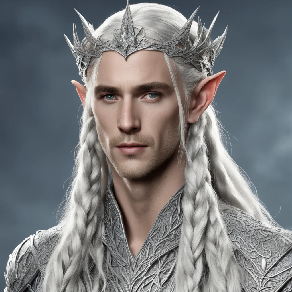 aiking thranduil with blond hair and braids wearing silver vines intertwined together to form elvish silver circlet encrusted with large diamonds with large center diamond