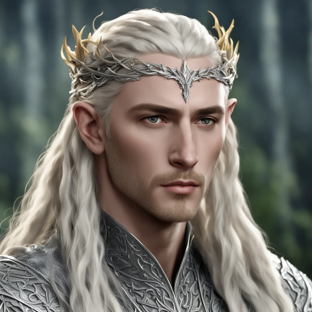 aiking thranduil with blond hair and braids wearing silver vines with diamonds in the hair