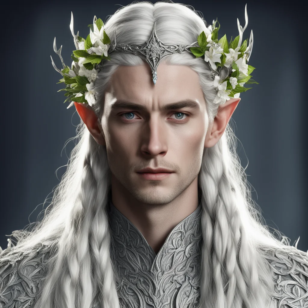 king thranduil with blond hair and braids wearing silver vines with flowers encrusted with diamonds to form a silver elvish circlet with large center diamond amazing awesome portrait 2