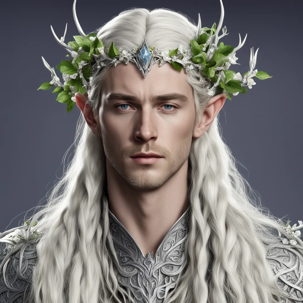 king thranduil with blond hair and braids wearing silver vines with flowers encrusted with diamonds to form a silver elvish circlet with large center diamond confident engaging wow artstation art 3.