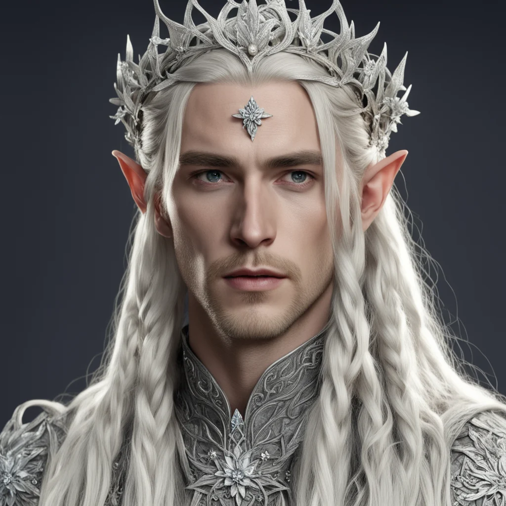 aiking thranduil with blond hair and braids wearing silver vines with flowers encrusted with diamonds to form a silver elvish circlet with large center diamond good looking trending fantastic 1
