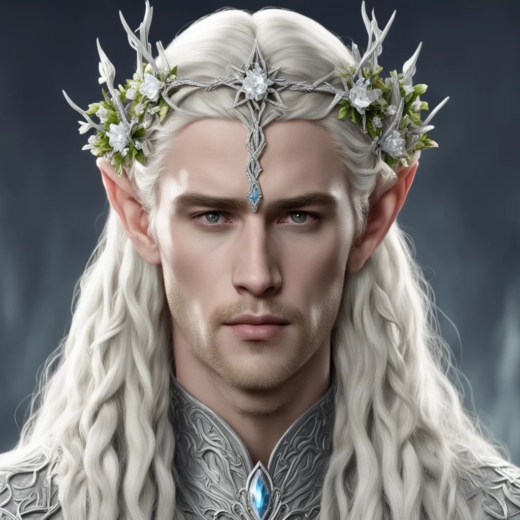 aiking thranduil with blond hair and braids wearing silver vines with flowers encrusted with diamonds to form a silver elvish circlet with large center diamond