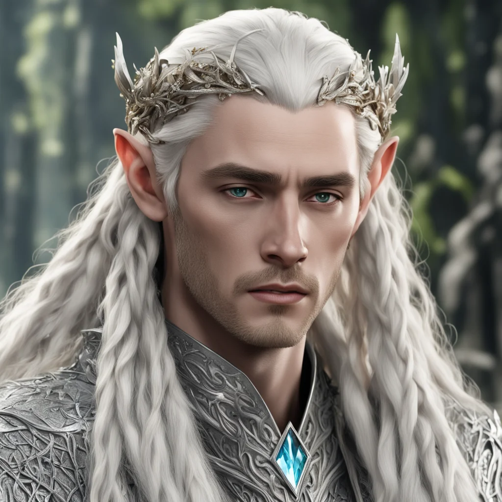 king thranduil with blond hair and braids wearing silver vines with large diamond clusters