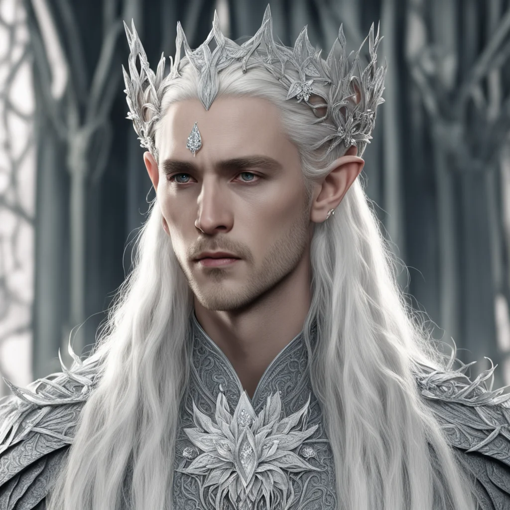 king thranduil with blond hair and braids wearing silver vines with large silver flowers encrusted with diamonds to form a silver elvish circlet with large center diamond  good looking trending fant