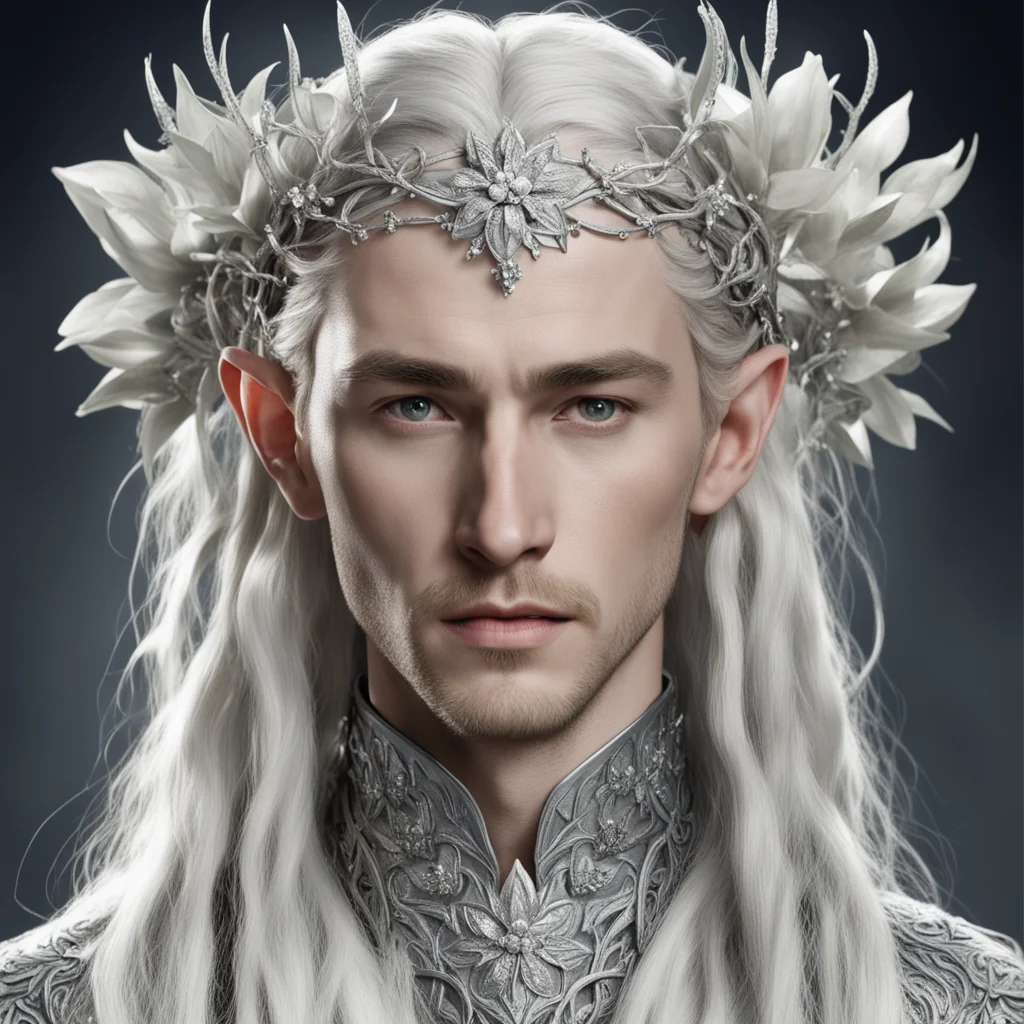 aiking thranduil with blond hair and braids wearing silver vines with large silver flowers encrusted with diamonds to form a silver elvish circlet with large center diamond 