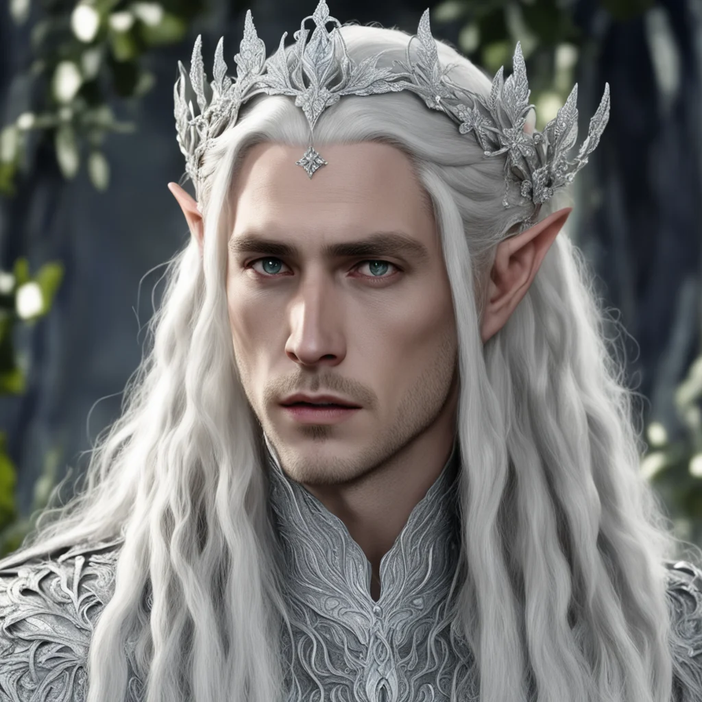 king thranduil with blond hair and braids wearing silver vines with large silver flowers encrusted with diamonds to form a silver elvish circlet with large center diamond amazing awesome portrait 2.